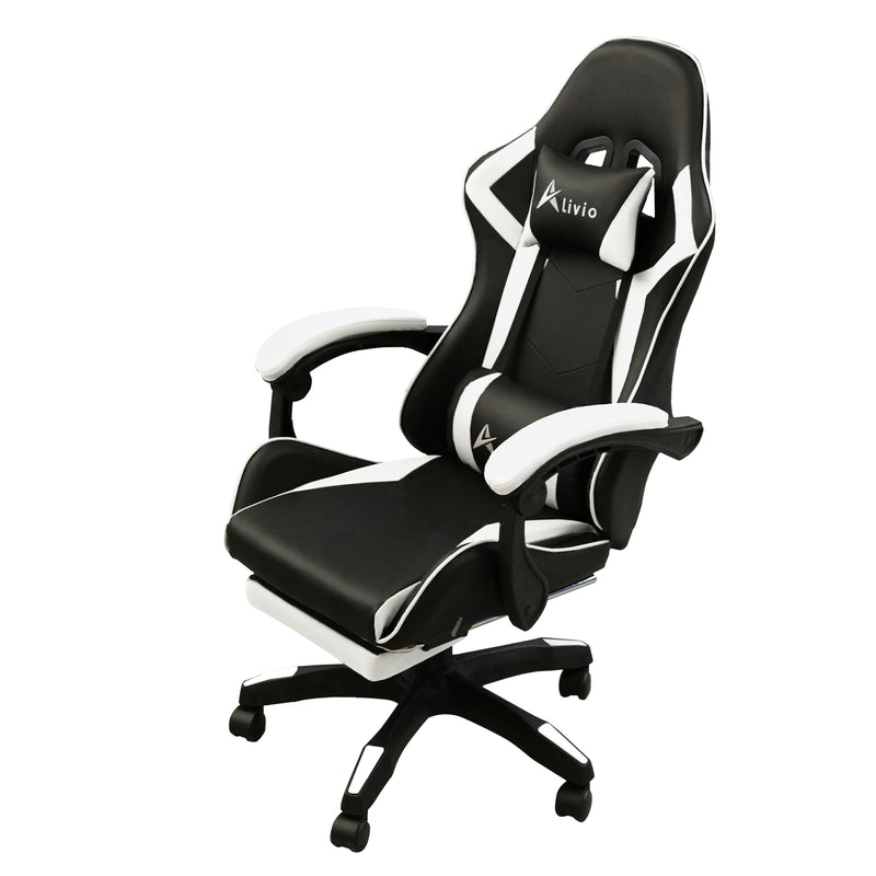 360 Degree Swivel Gaming Chair with Footrest Lumbar Support Back Support - White