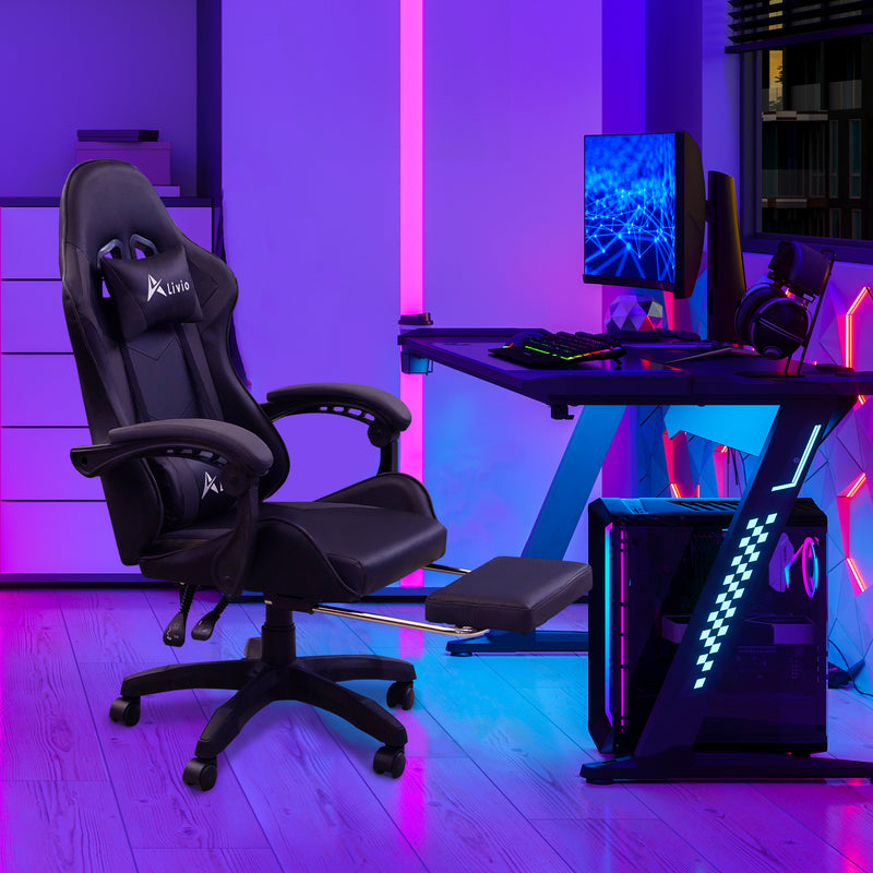 360 Degree Swivel Gaming Chair with Footrest Lumbar Support Back Support - Black