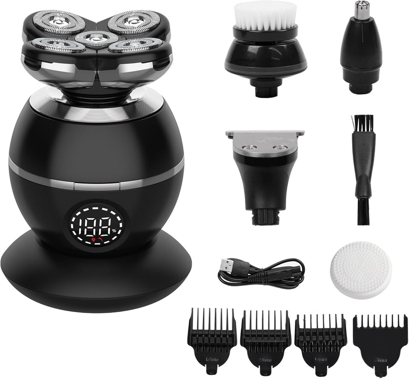 5-in-1 Electric Razor Shave Cleaner, Cordless Rechargeable Floating Razor for Men - Black