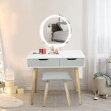 Hollywood Dressing Table Set with Oval Mirror LED Lights, 2 Drawers Makeup Table and Cushioned Stool