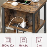 Alivio Slim Side Table with Charging Station Bedside Table with 2 AC Outlets, Narrow Side Table for Bedroom, Living Room, Office (Rustic Brown)